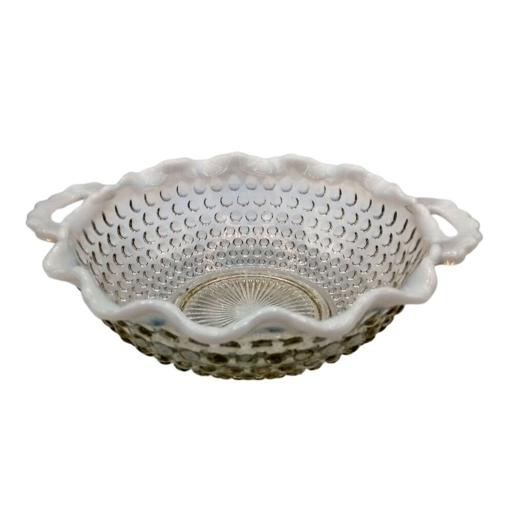 Hobnail Moonstone Ruffled Serving Bowl Dish Milk Rim Candy Depression Glass 6.5"